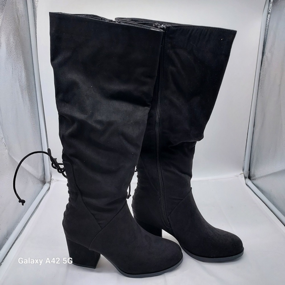 Journee Collection Women Black Suede Lace Up Block Heel Knee High Boot 6.5 Wide